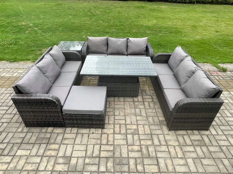 Image of Fimous Patio Garden Dining Set Outdoor Rattan Furniture Lounge Sofa Height Adjustable Table With Side Table Dark Grey
