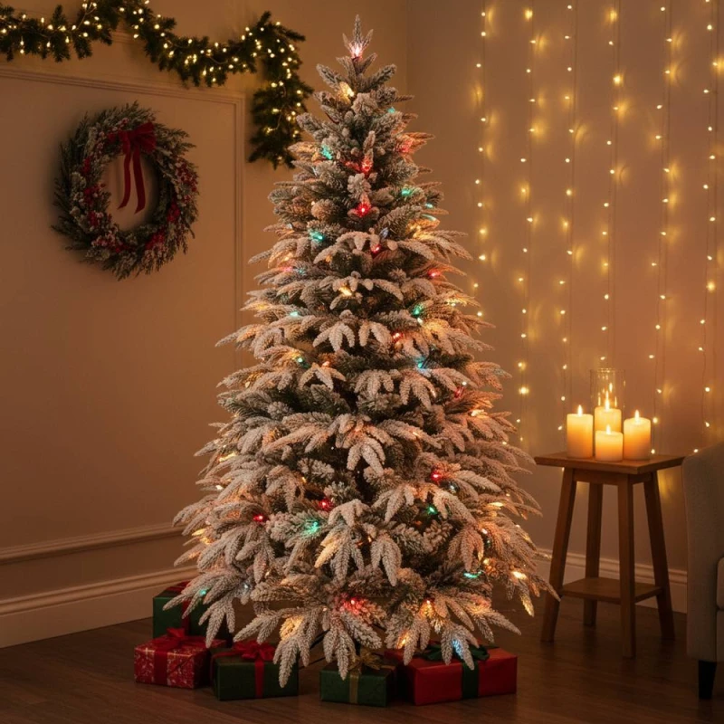Image of Shatchi 5FT Pre-Lit Lapland Fir Artificial Green Christmas Tree Snow Flocked PE PVC Mixed Tips Hinged Branches Home Snowy Green Unisex 5ft