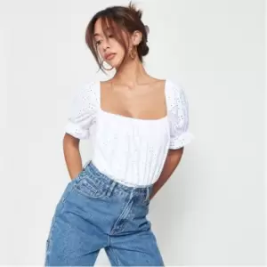 image of Missguided Milkmaid Broderie Bodysuit - White