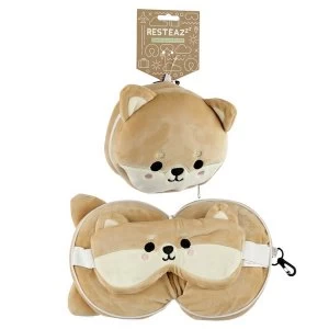 Relaxeazzz Plush Cutiemals Shiba Inu Dog Round Travel Pillow & Eye Mask