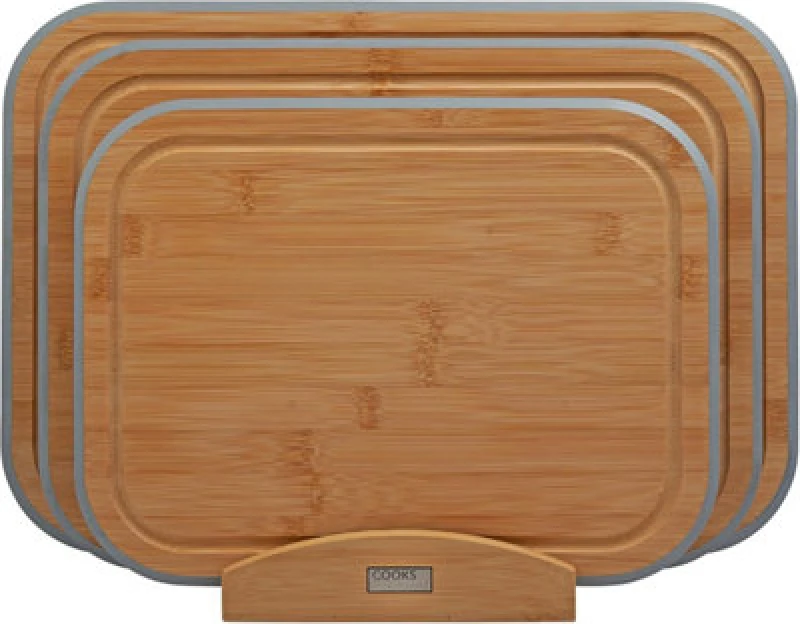 Image of Cooks Professional 3 Piece Bamboo Chopping Board Set With Storage Stand - Wooden Cutting Boards - Grey Edging