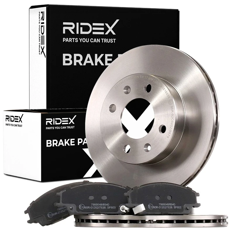 Image of RIDEX 3405B0391 Brake disc and pads set Front Axle, Brake Disc Type: Vented, with acoustic wear warning Brake Set,disc brakes (3405)