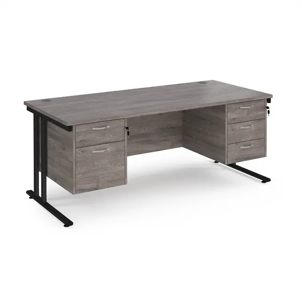 image of Maestro 25 straight desk 1800mm x 800mm with 2 and 3 drawer pedestals - Black cantilever leg frame, grey oak top