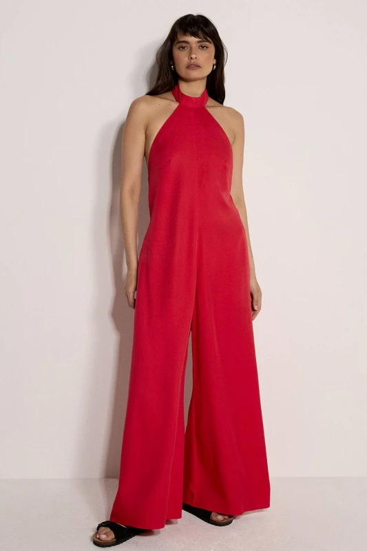Image of Apricot Womens Halter Neck Wide-Leg Jumpsuit in Red Size: 10 Red Female 10