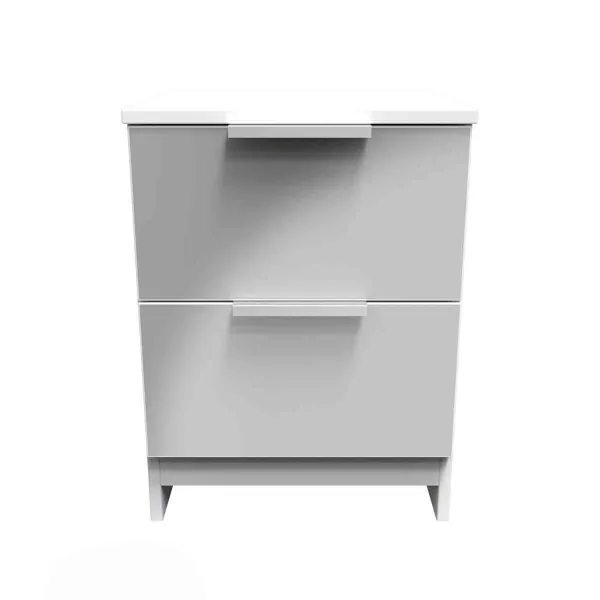 image of Welcome Furniture Ready Assembled Plymouth 2 Drawer Bedside Cabinet In Uniform Grey Gloss & White