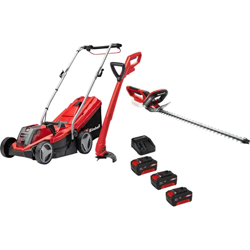 Image of Einhell GE-CM 18v Cordless Rotary Lawnmower, Grass and Hedge Trimmer Kit 3 x 4ah Li-ion Battery Charger GE-CMKIT2