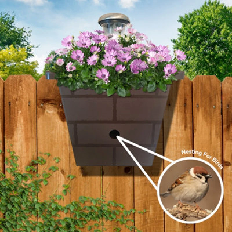 Image of You Garden Yougarden 3-In-1 Fence Planter, Birdbox And Solar Light, Go Illuminest Brown, 6 Litre Planter