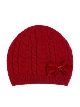 image of Monsoon Girls Ruby Heart Velvet Bow Cable Beanie Hat - Red