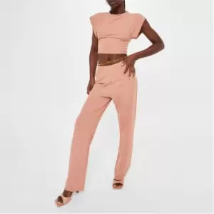 Image of I Saw It First Crop T Shirt and Wide Leg Trousers Pyjama Set - Brown