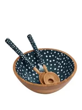Image of Dexam Sintra Mango Wood Spotted Salad Bowl And Serving Spoons Set - Ink Blue