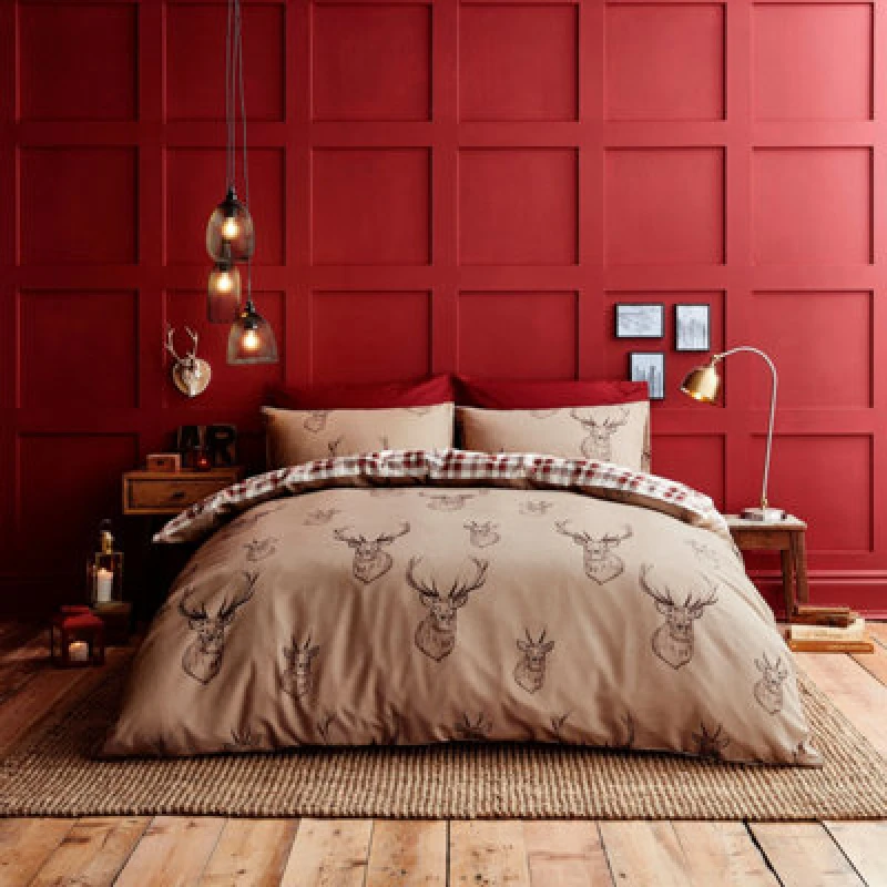Image of Catherine Lansfield Stag Check Reversible King Duvet Cover Set With Pillowcases Natural