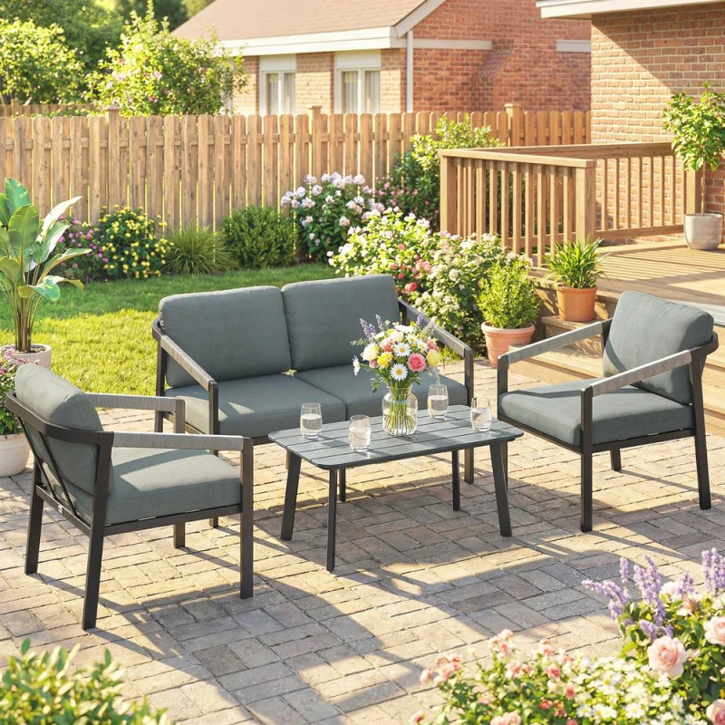 Image of OUTSUNNY 4 Seater Aluminium Garden Furniture Set, Outdoor Patio Furniture in Black Unisex