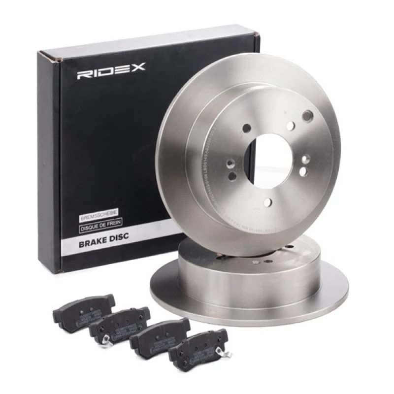 Image of RIDEX 3405B1491 Brake disc and pads set Rear Axle, Brake Disc Type: Solid, with acoustic wear warning Brake Set,disc brakes (3405)
