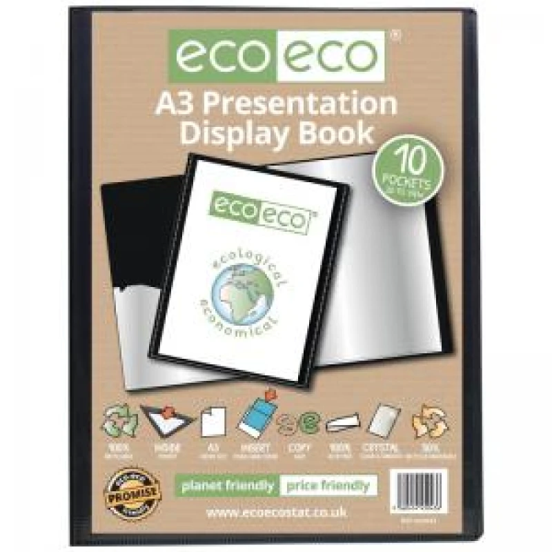 Image of Eco Eco 50% Recycled Presentation Display Book 10 Pockets A3 Black eco043-S