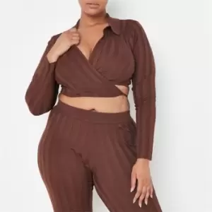 Missguided Plus Size Co Ord Rib Wrap Collared Knit Crop Top - Brown