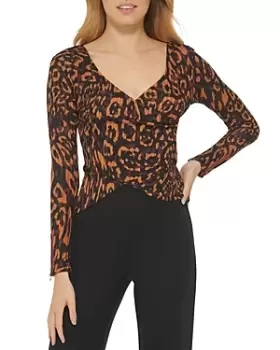 Image of DKNY Printed Long Sleeve Faux Wrap Top