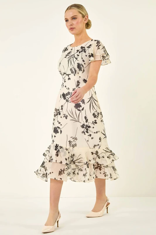 Image of Roman Womens Petite Floral Frill Hem Midi Dress in Ivory Size: 14 Ivory Female 14