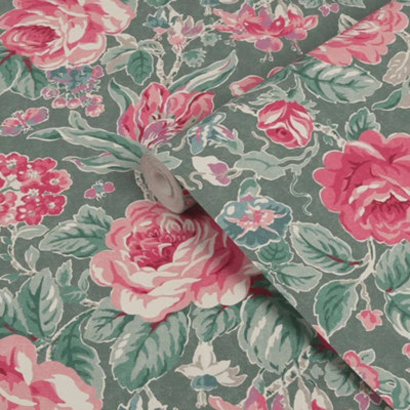 Image of Laura Ashley Fern Green & Pink Wild Roses Smooth Wallpaper