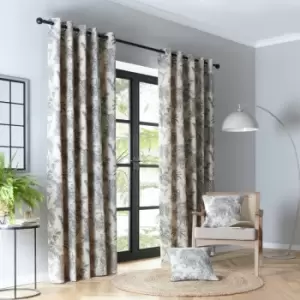 image of Saranda Tropical Print Cotton Rich Eyelet Lined Curtains, Charcoal, 46 x 72" - Fusion