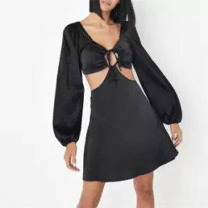 image of Missguided Tie Cut Out Balloon Sleeve Satin Mini Dress - Black