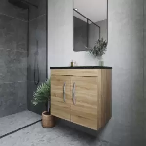 image of Nuie - Athena Wall Hung 2-Door Vanity Unit with Sparkling Black Worktop 600mm Wide - Natural Oak