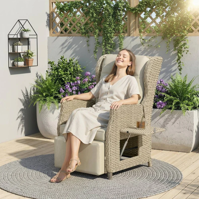 Image of OUTSUNNY Rattan Garden Recliner Chair with Flip Table in Brown Brown Unisex