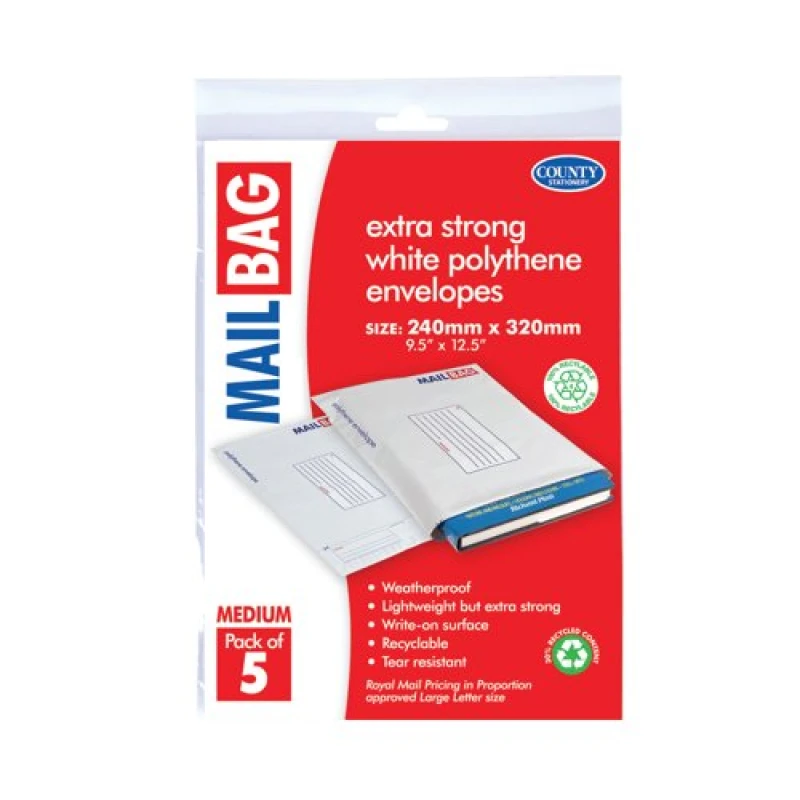 Image of County Stationery Mail Bag Envelopes Extra Strong Polythene 10x5 Medium 240x320mm White (50 Pack) C261