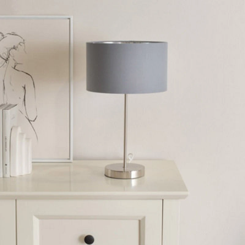 Image of ValueLights ValueLights Charlie Chrome Stem Table Lamp with Fabric Drum with Chrome Inner Lamp Shade in Grey Grey One Size Unisex 5059406060625