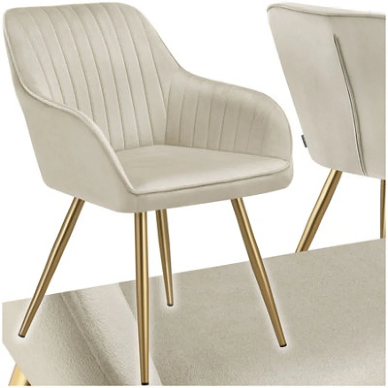 Image of Tectake 1 Dining Chair Marilyn - Quilted Velvet, Continuous Backrest, Gold Steel Legs - Cream/gold