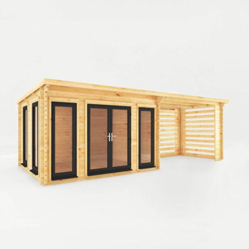 Image of Mercia 7 X 3 M Studio Pent Log Cabin With Slatted Area With Upvc Windows And Doors - 44mm - Timber - L333.5 X W691.5 X H249.4cm - Brown