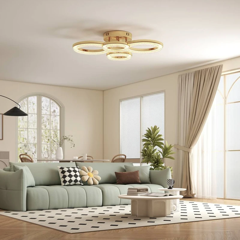 Image of HOMCOM Modern 4-Ring Flush Mount Ceiling Light, LED Ceiling Light, Gold Gold Unisex