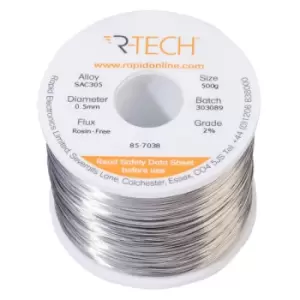 image of R-TECH 857038 SAC305 Solder 2% Rosin-Free HF Flux Halide-Free 0.5m...