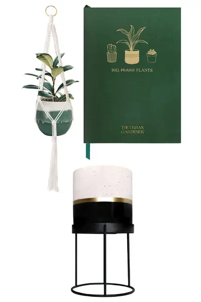 Image of Portico Designs Ltd The Urban Gardener Macrame Plant Hanger, House Plant Planner & Small Ceramic Plant Pot with Stand Set Multi