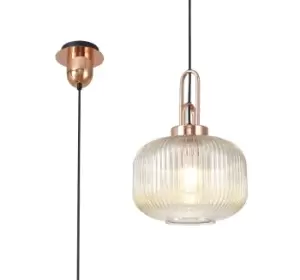 Image of 1 Light Pendant E27 With 30cm Pumpkin Shaped Ribbed Glass, Champagne Copper, Matt Black
