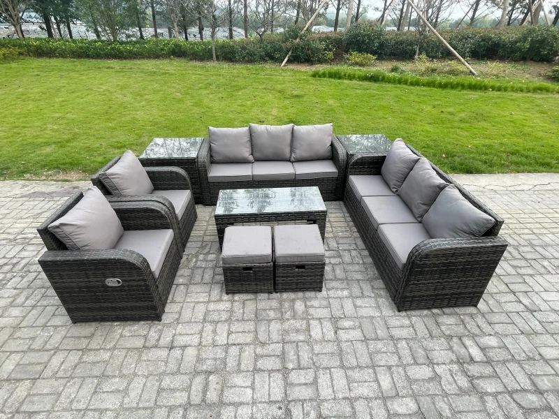 Image of Fimous Wicker PE Rattan Sofa Set 10 Seater Outdoor Patio Garden Furniture Set with 2 Reclining Chairs Coffee Table 2 Side Tables Dark Grey