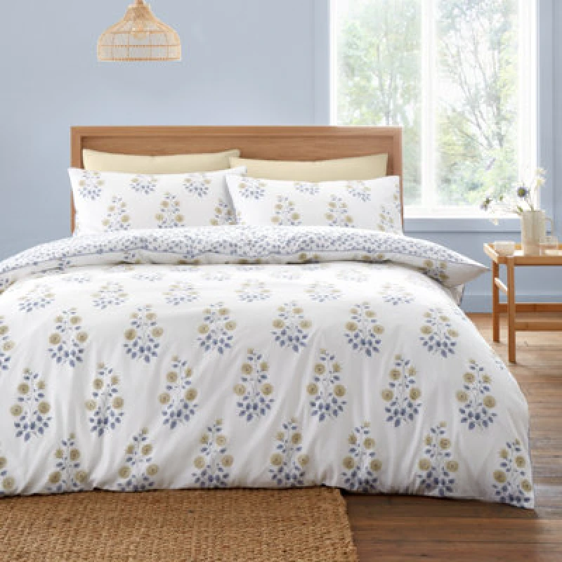 Image of Bianca Eloise Floral 230 Thread Count Cotton Reversible Duvet Cover Set With Pillowcases Blue