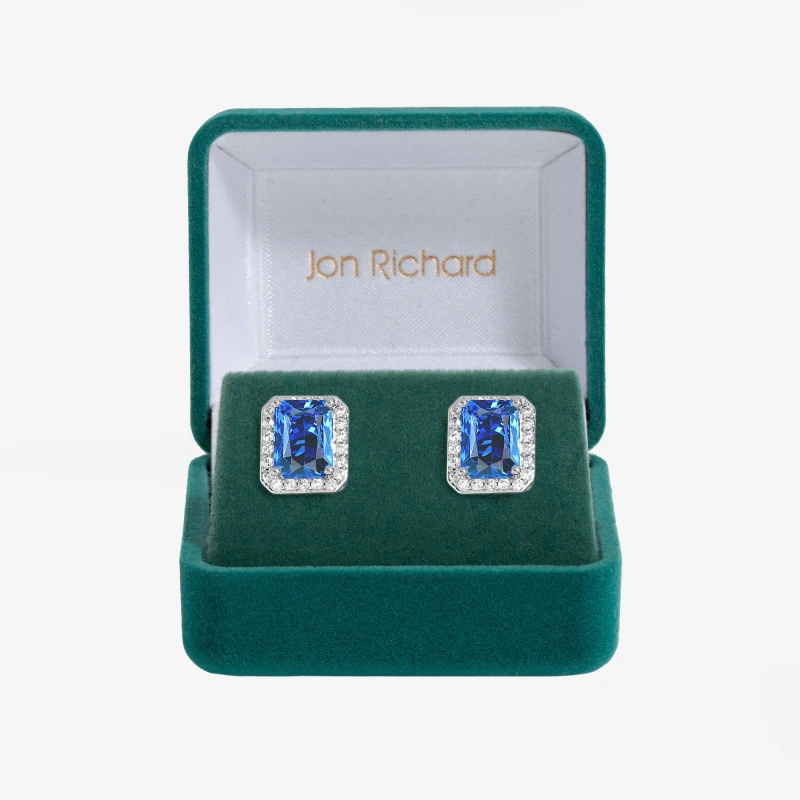 Image of Jon Richard Rhodium Plated Cubic Zirconia Emerald Cut Sapphire Stud Earrings - Gift Boxed Silver