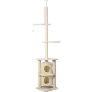 image of 5 Tier Floor to Ceiling Cat Tree for Indoor Cats Kitten Climbing Activity Center Scratching Post Play Tower Condo Adjustable Height 240-260cm Beige