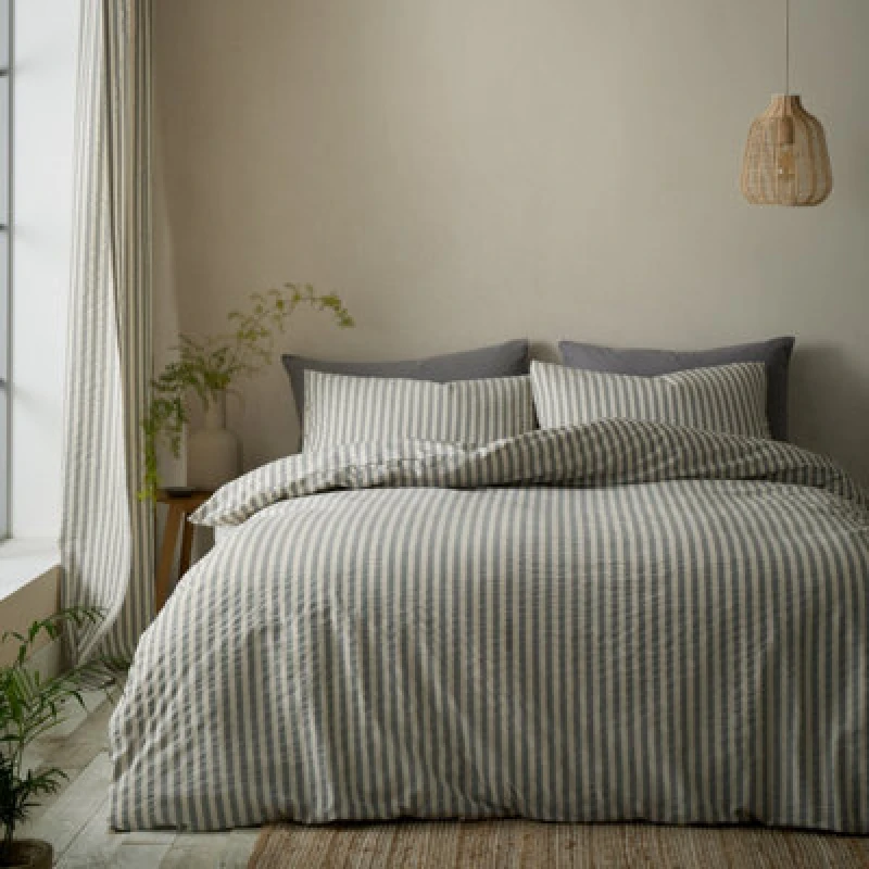 Image of Pineapple Elephant Cotton Rich Woven Stripe Duvet Cover Bedding Set Grey
