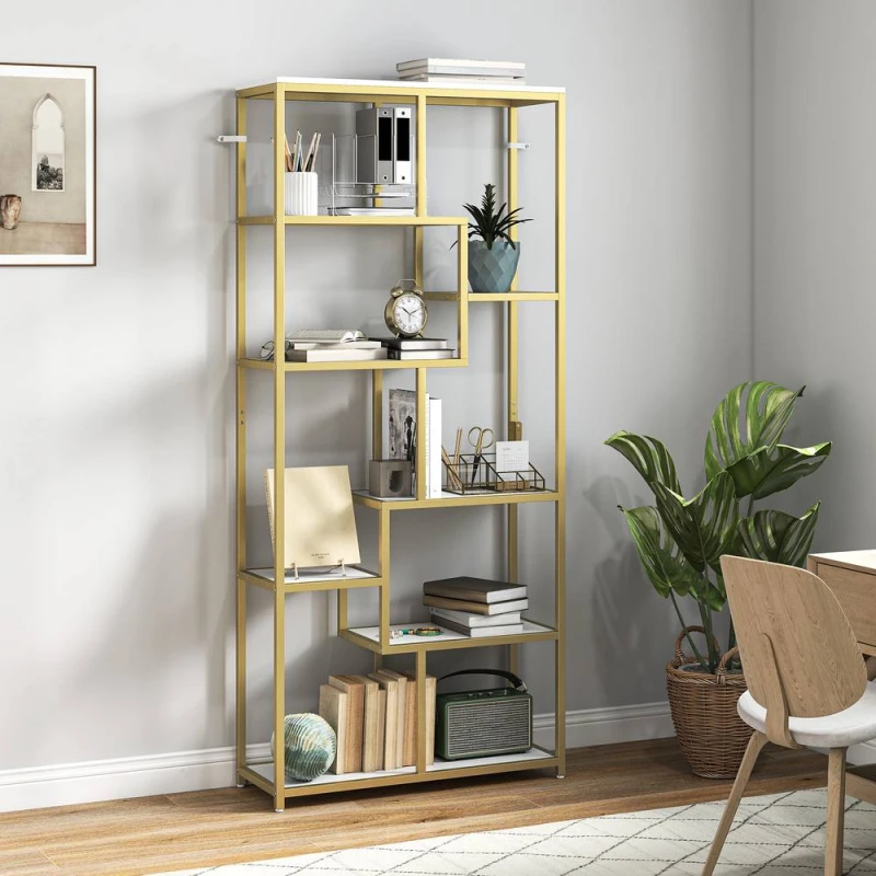 Image of HOMCOM Modern Bookcase 7-Tier Bookshelf Shelving Unit White Gold Tone White Unisex