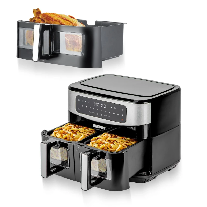 Image of Geepas 9L Dual Basket Air Fryer with Single 10L Basket Vortex Technology 2600W in Black Unisex