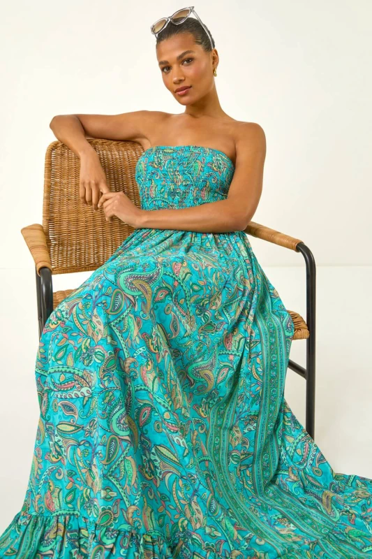 Image of Roman Womens Floral Print Bandeau Shirred Midi Dress in Blue Size: 12 Blue Female 12