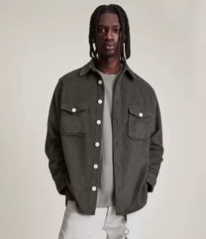 Image of AllSaints Mens Dillingham Wool Blend Overshirt, Charcoal, Size: M