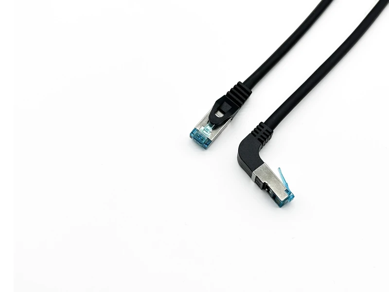 Image of Equip Cat.6A S/FTP Patch Cable. Angled to Straight plug. 0.5m. Black
