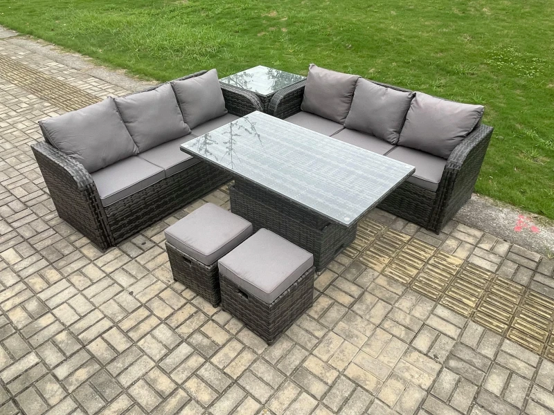 Image of Fimous Outdoor Rattan Garden Furniture Sets Height Adjustable Rising lifting Dining Table Sofa Set with Side Table Dark Grey unisex