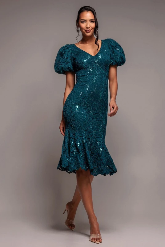 Image of Goddiva Womens Sequin Lace Puff Sleeve Fit & Flare Midi Dress in Teal Size: 10 Teal Female 10