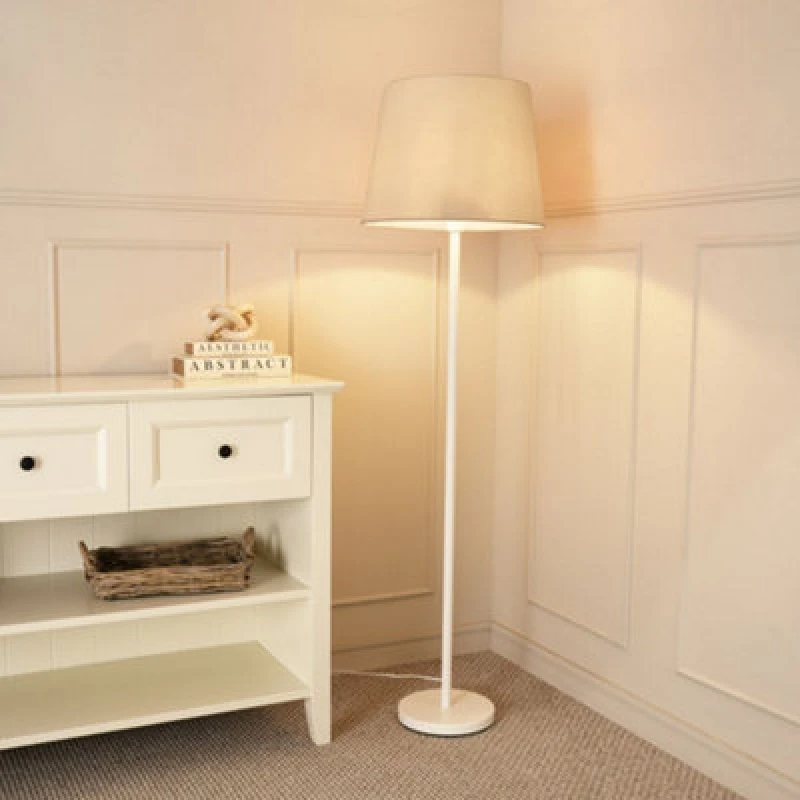 Image of ValueLights Charlie White Single Stem Floor Lamp with Fabric Tapered Shade and LED Bulb Beige