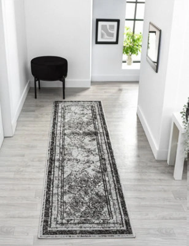 Image of Obsidian Modern Low Pile Area Rug - Frame Abstract Design Grey 60Cm X 220Cm