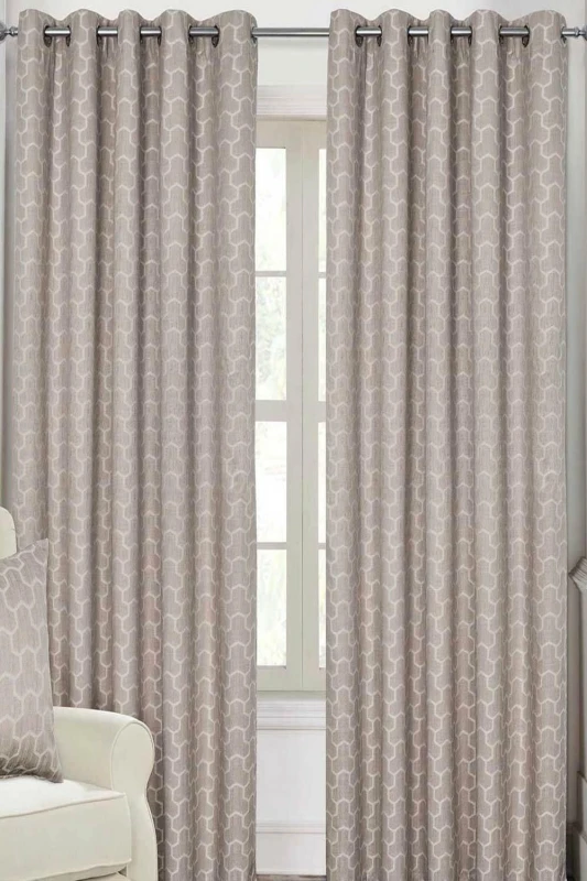 Image of Homescapes Natural Geometric Jacquard Blackout Eyelet Curtain Pair, 90 X 72"