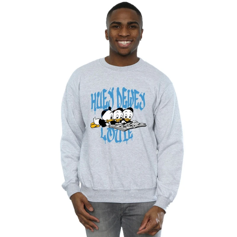 Image of Disney Men Huey Dewey Louie Reading Sweatshirt in Grey Size: Small Grey S Male 5063376475341